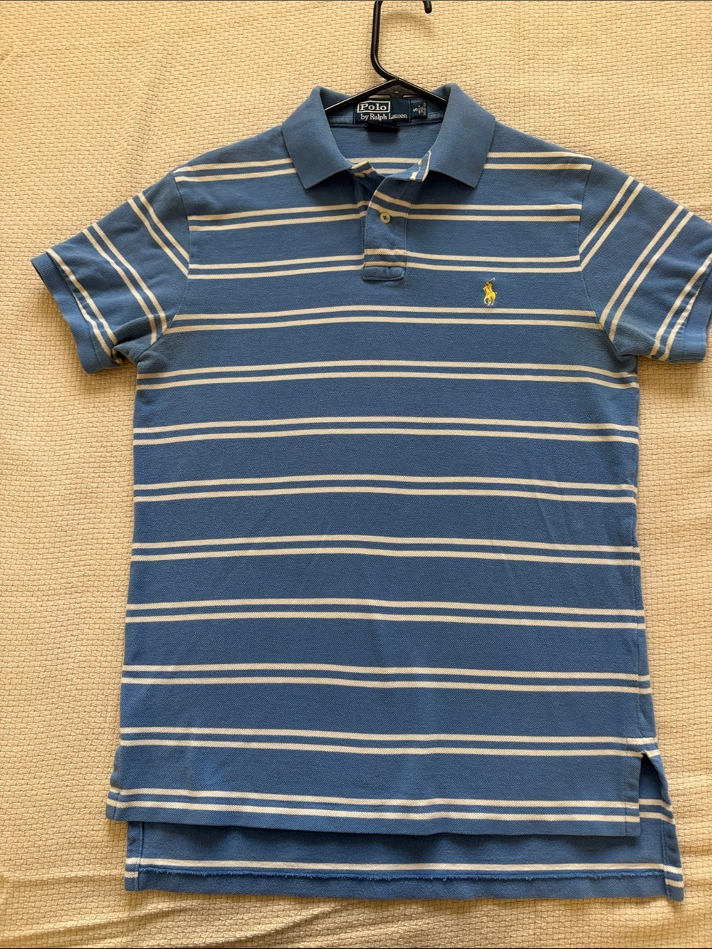 Ralph Lauren Blue and White Striped Polo with Yellow Pony